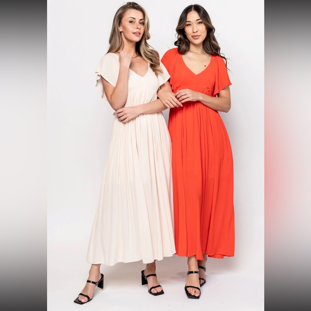 Brielle dress from Holley girl in poppy. Flutter sleeve, empire waist, v-neck
